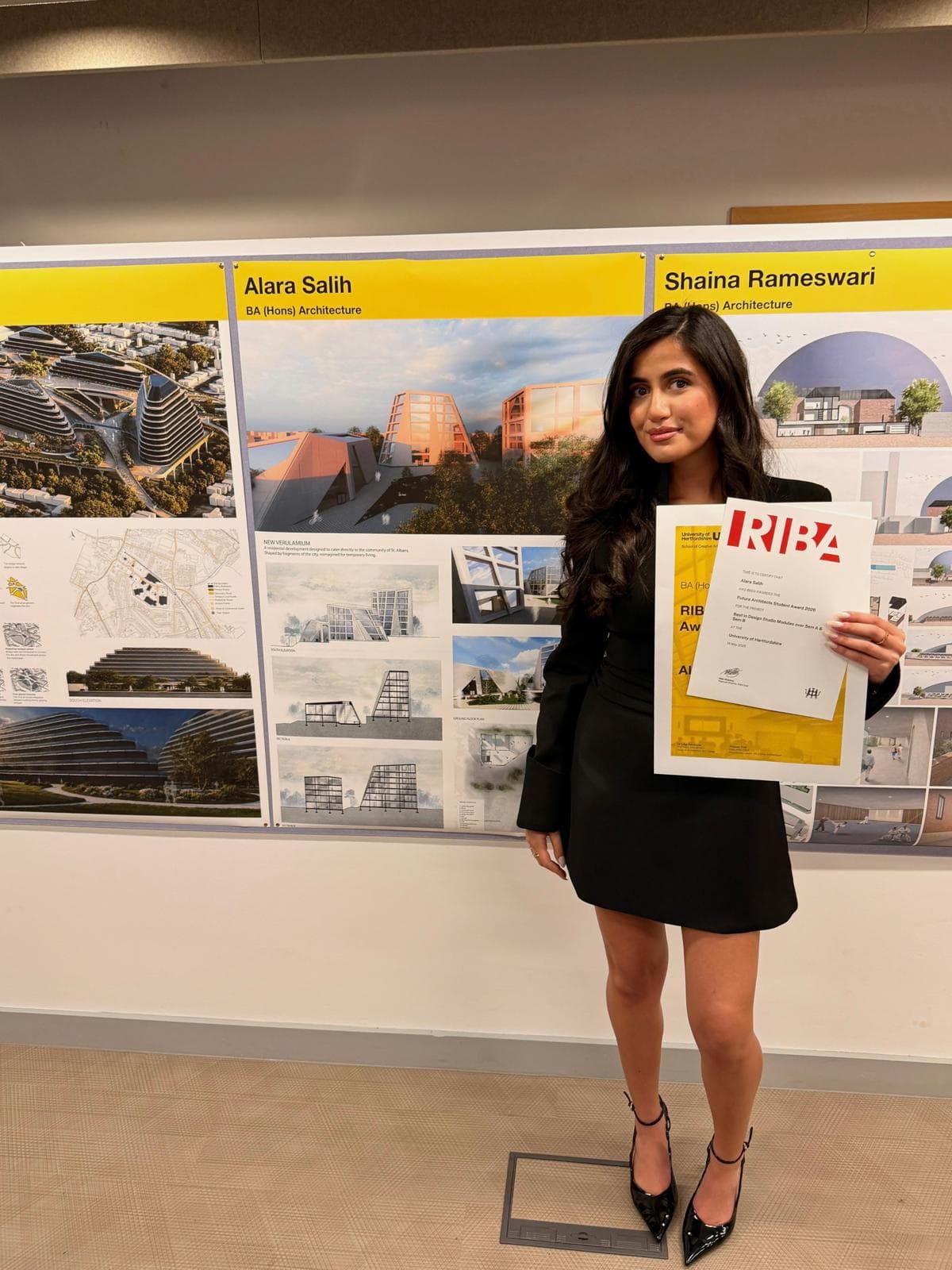 Alara Salih with the RIBA East Award for Best Project in Design Studio Modules at the University of Hertfordshire End of Year Show