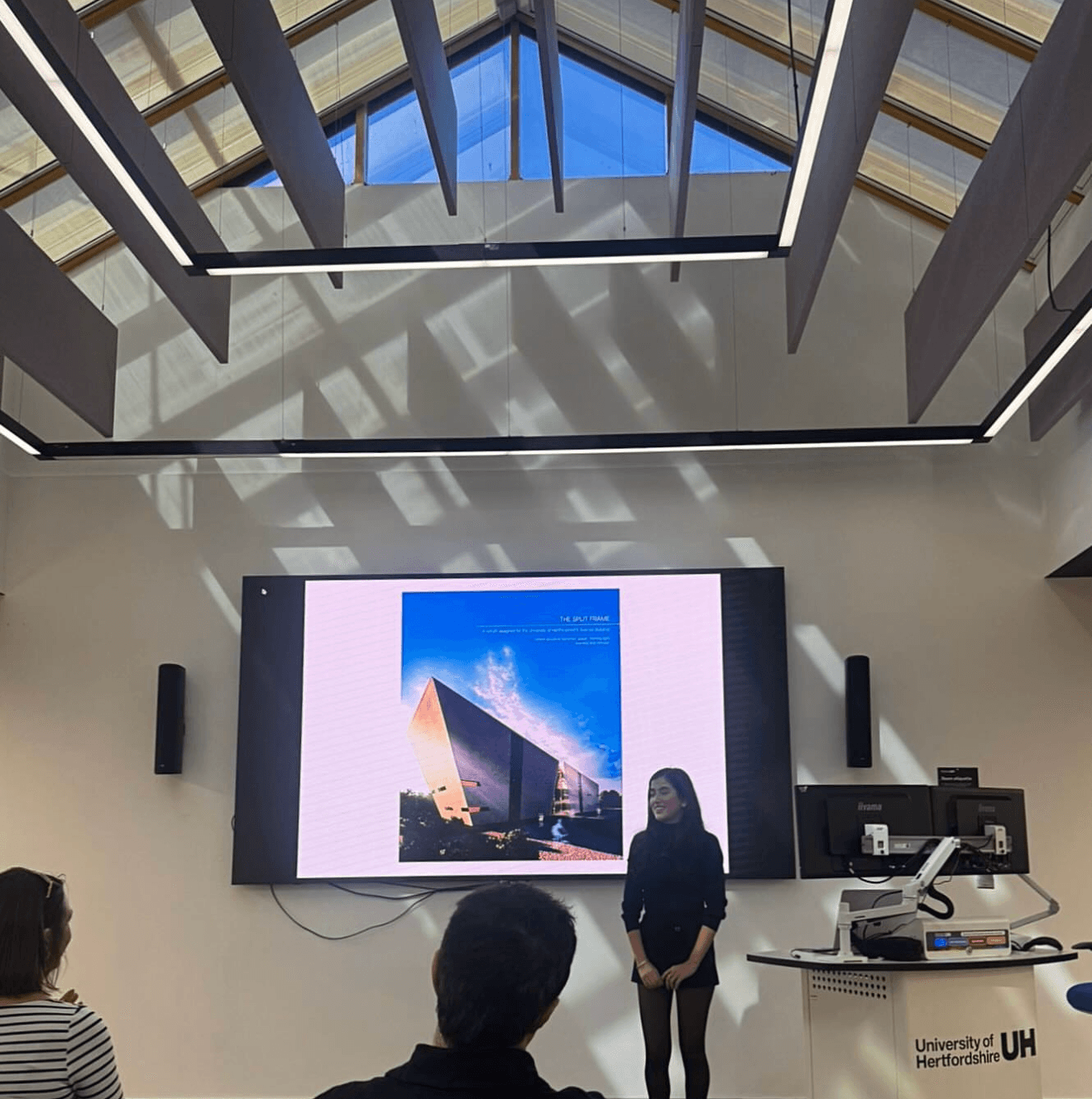 Alara Salih presenting The Split Frame at a RIBA East networking event, University of Hertfordshire