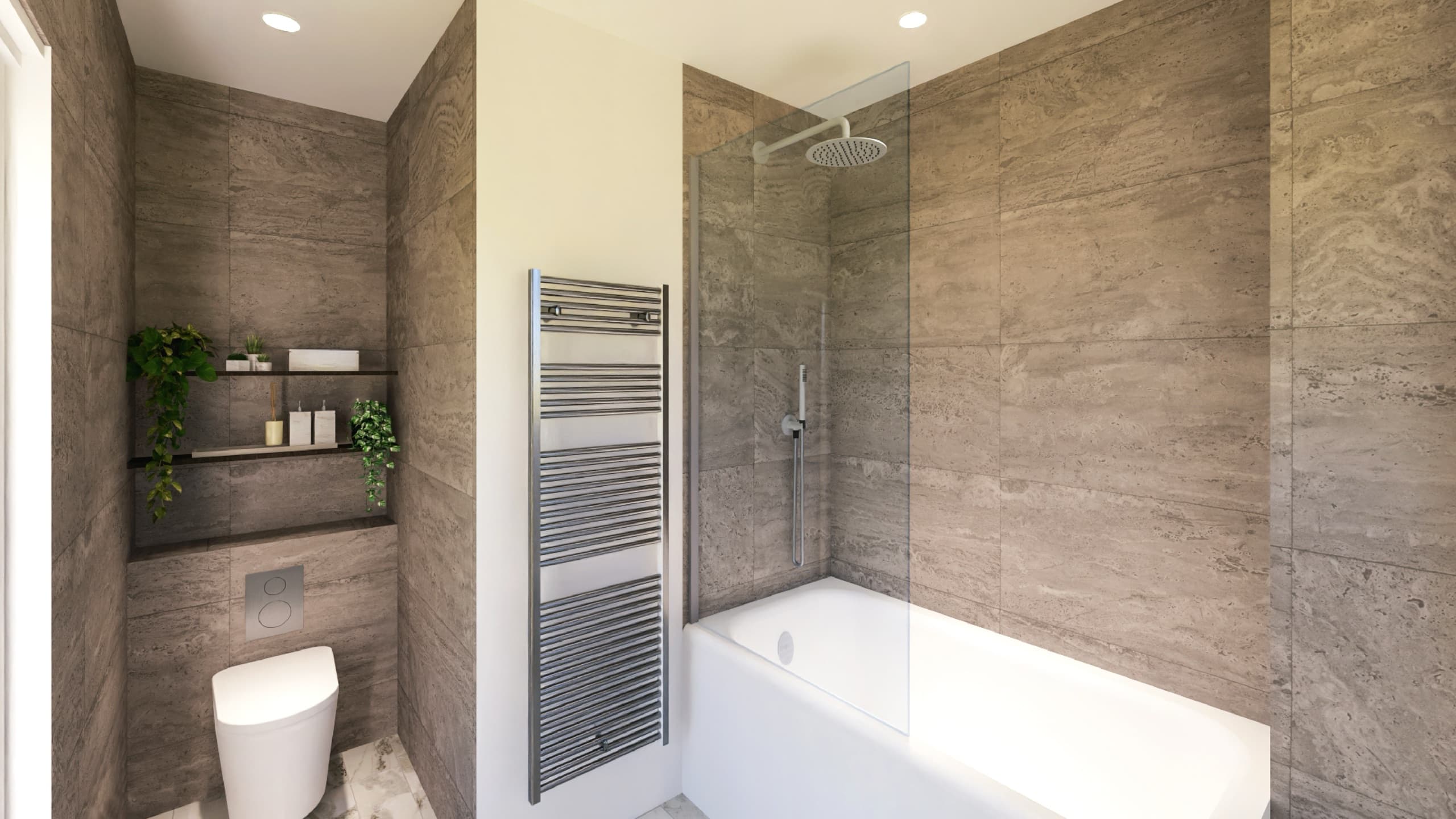 En-suite bath and rainfall shower in travertine tiling