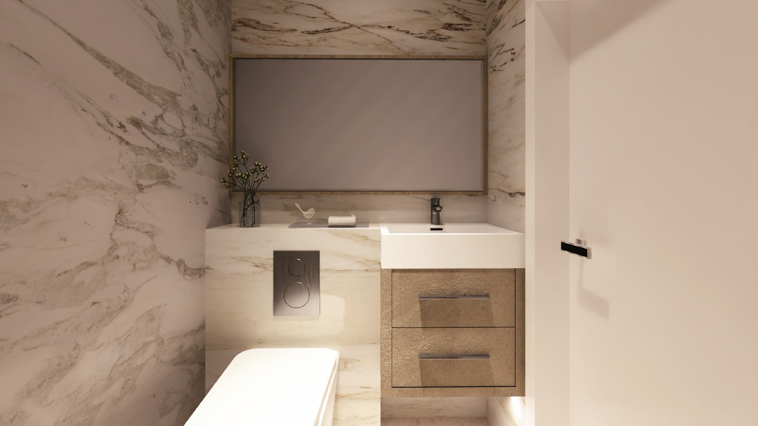 Guest WC, marble walls with a timber vanity