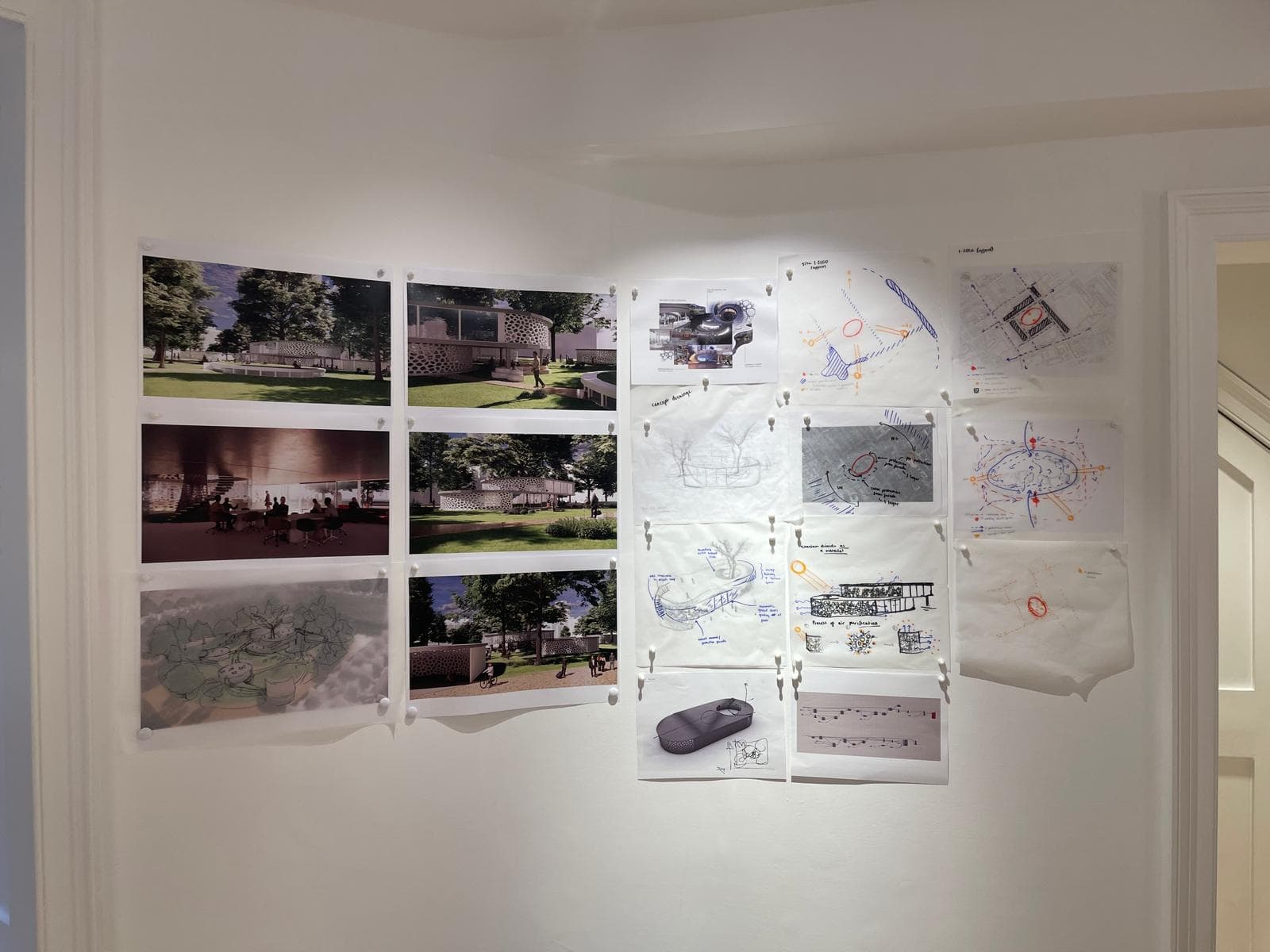 Concept through to a resolved pavilion in a single week: hand sketching, digital modelling and rendered visuals shown together at the final pin-up.