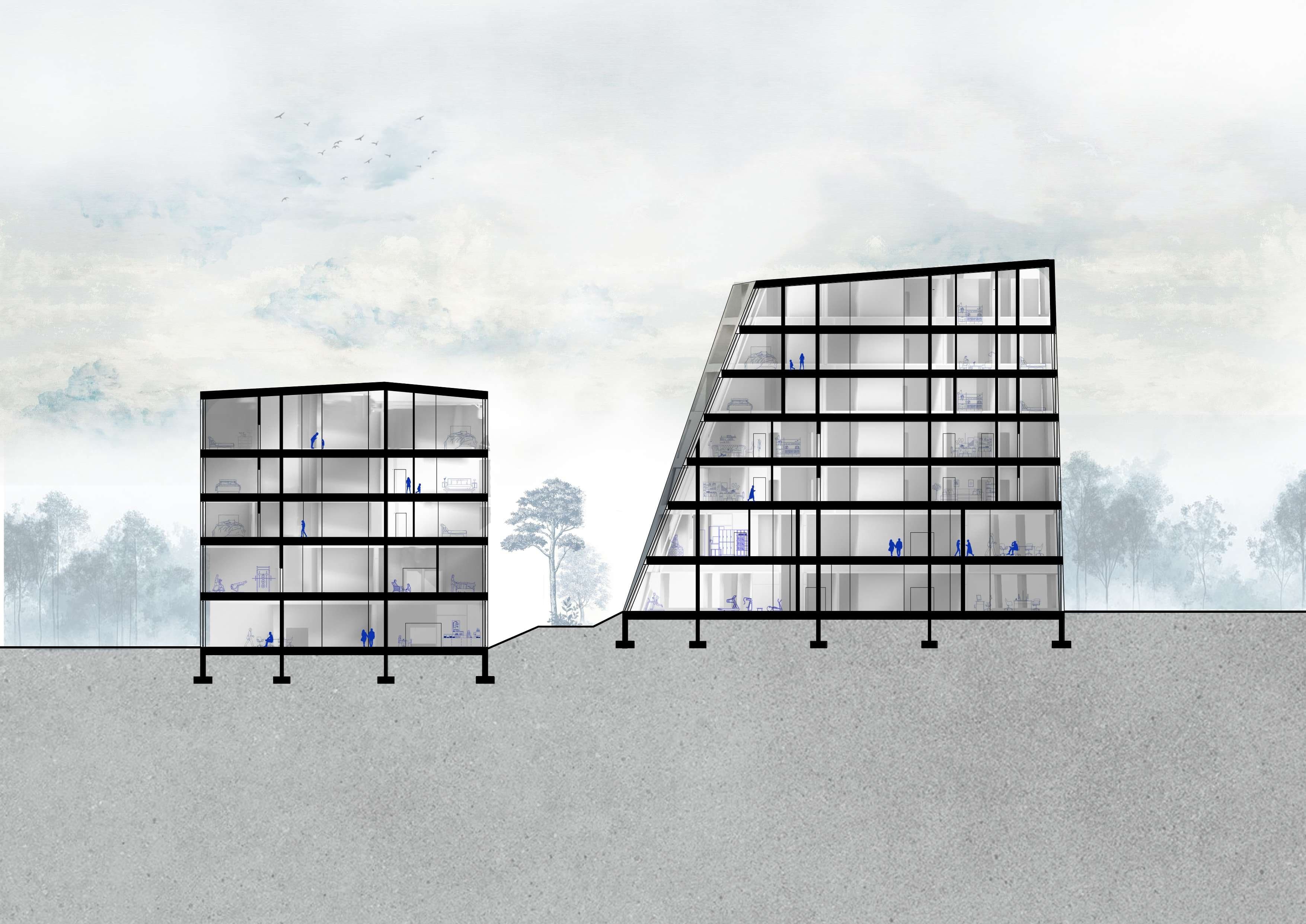 Section B through the residential volumes