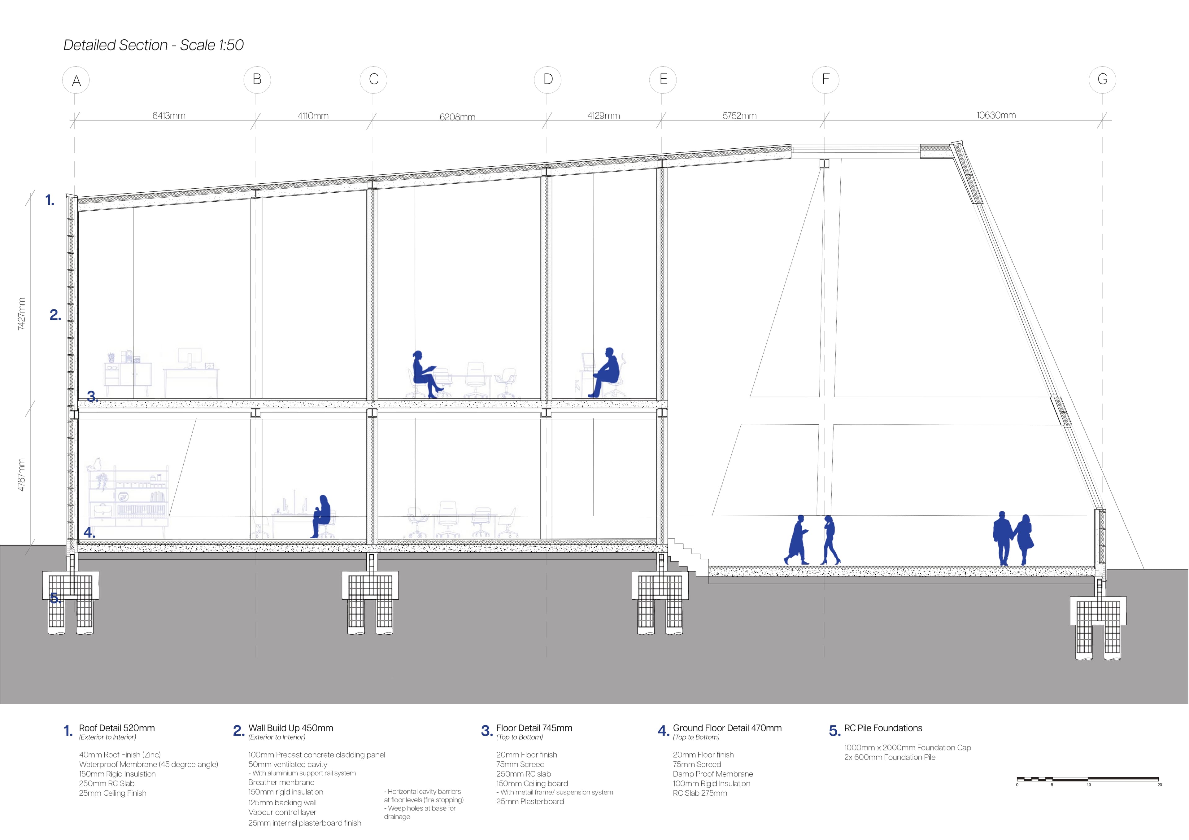 Detailed section at 1:50 showing roof, wall, floor and foundation build-ups